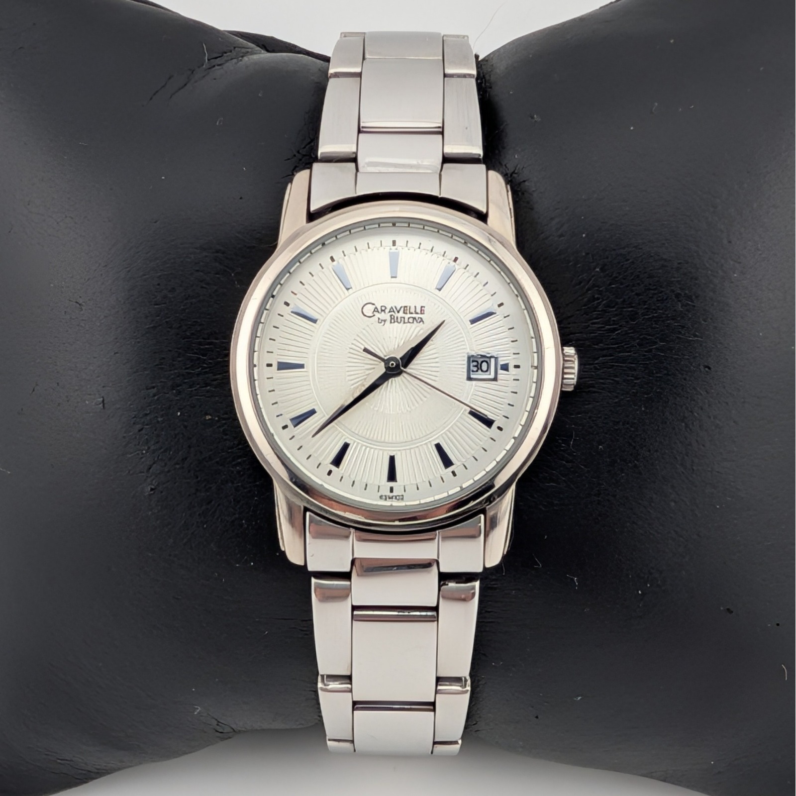 Caravelle By Bulova 43m102 Silver Guilloche Dial Date Bracelet Watch 26mm